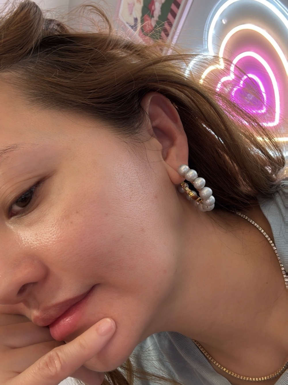 Gold Hoop Earrings with Silver-Gray Pearl Accents